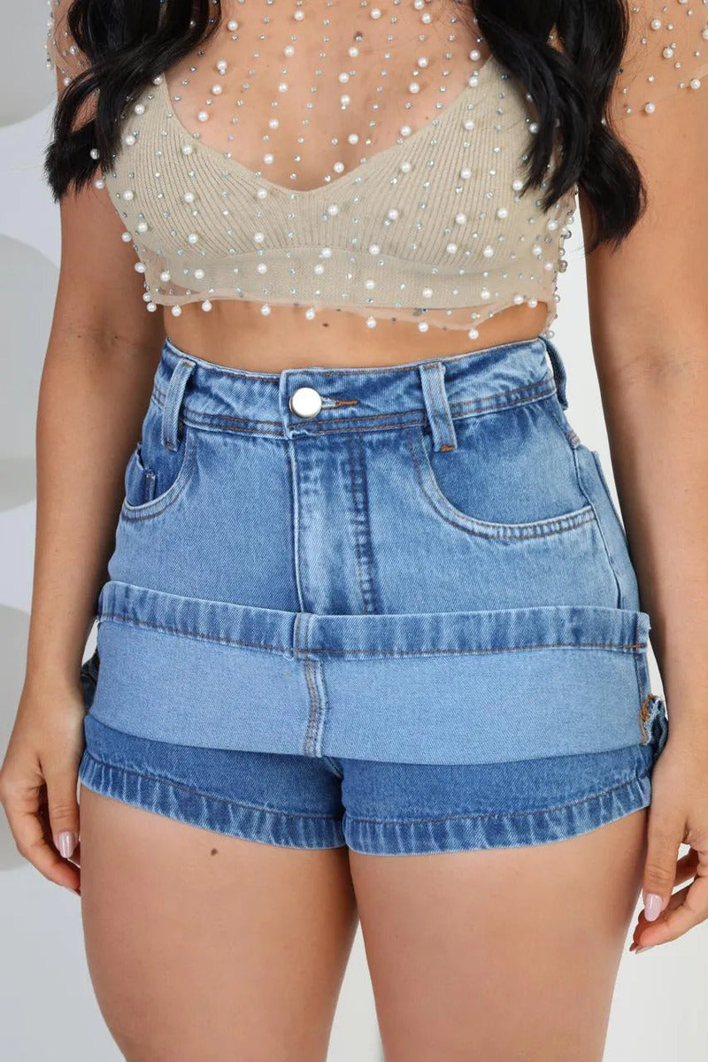 Short Saia Jeans Premium Feminino Cintura Alta Moda Casual