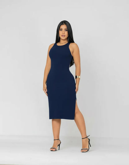 Vestido Canelado Midi Regata Com Fenda Zero Transparência