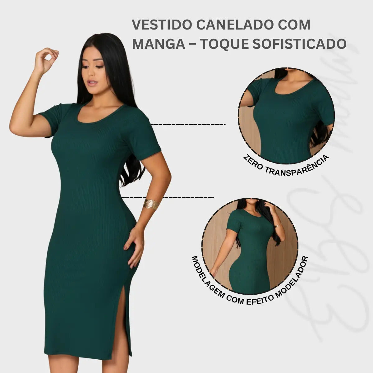 Vestido Canelado Midi Com Manga e Fenda Lateral Casual Básico