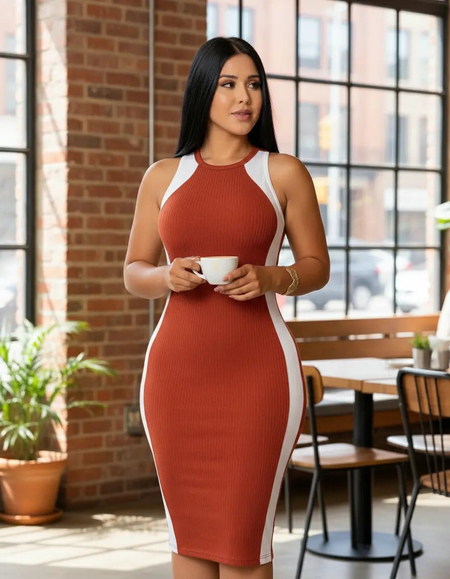 Vestido Canelado Midi Faixas Regata Casual Básico Modelador