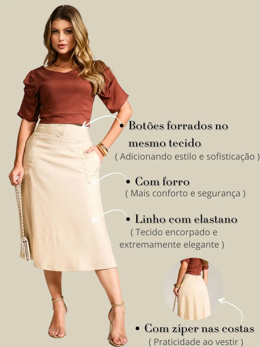 Saia Midi De Linho Elegante Com Botões Encapados