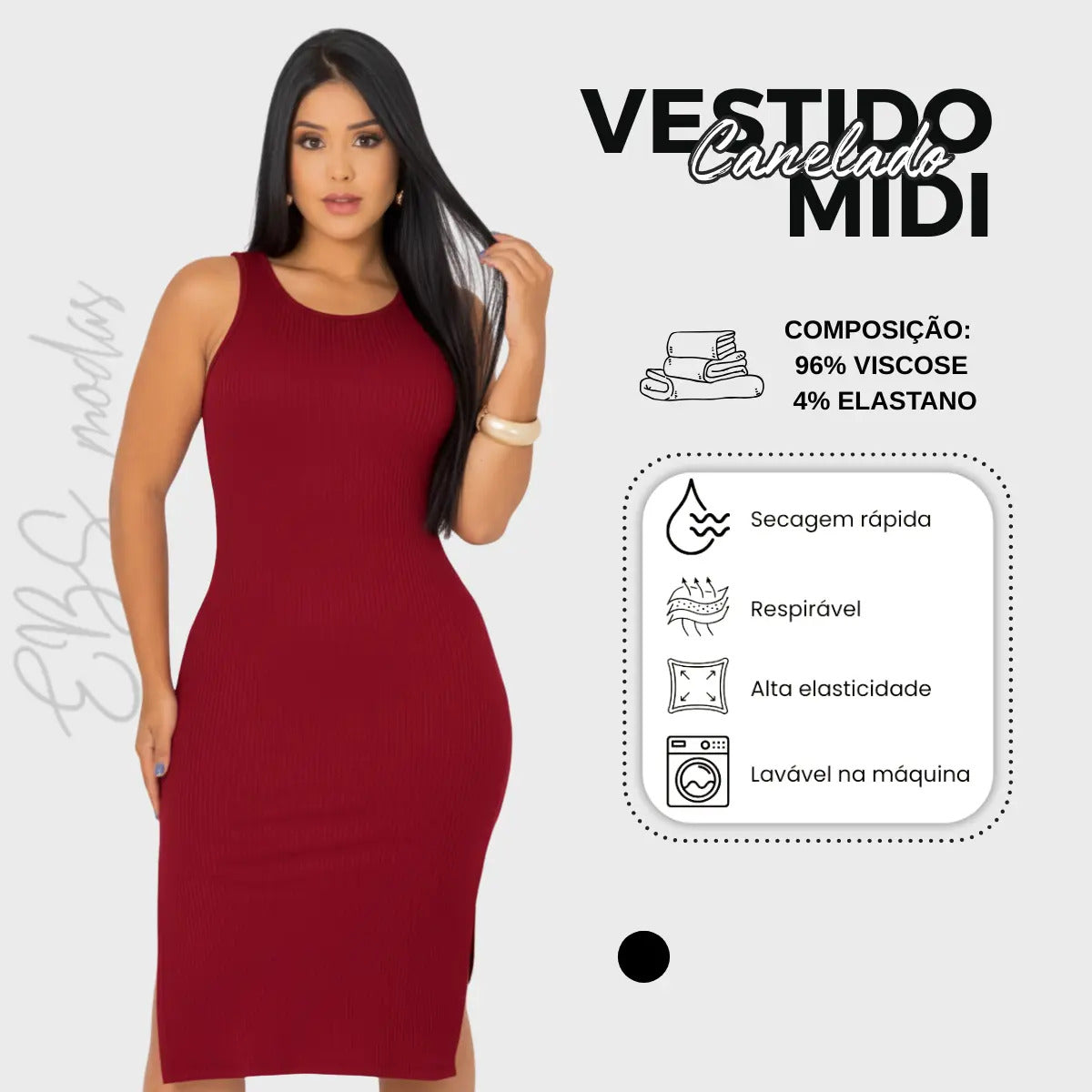 Vestido Canelado Midi Regata Com Fenda Zero Transparência