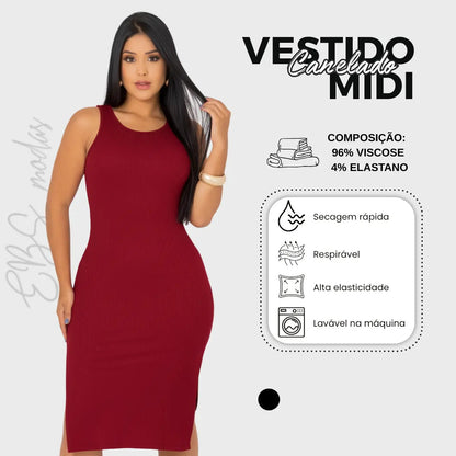 Vestido Canelado Midi Regata Com Fenda Zero Transparência