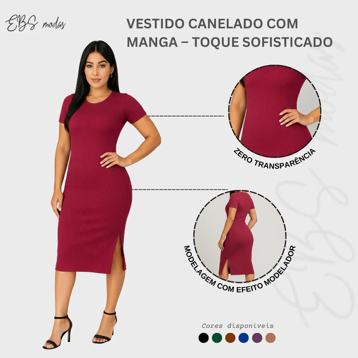 Vestido Canelado Midi Com Manga e Fenda Lateral Casual Básico
