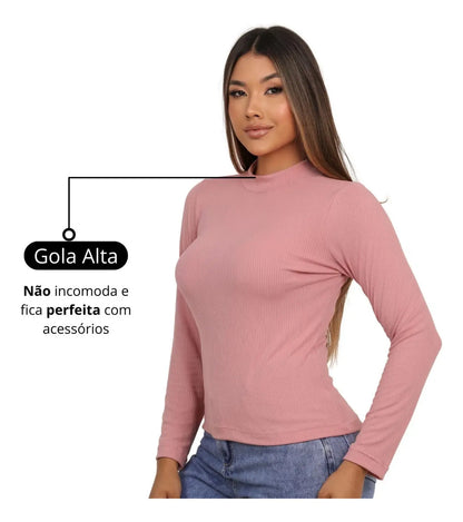 Blusa Feminina Canelada Gola Alta Manga Comprida Cacharrel