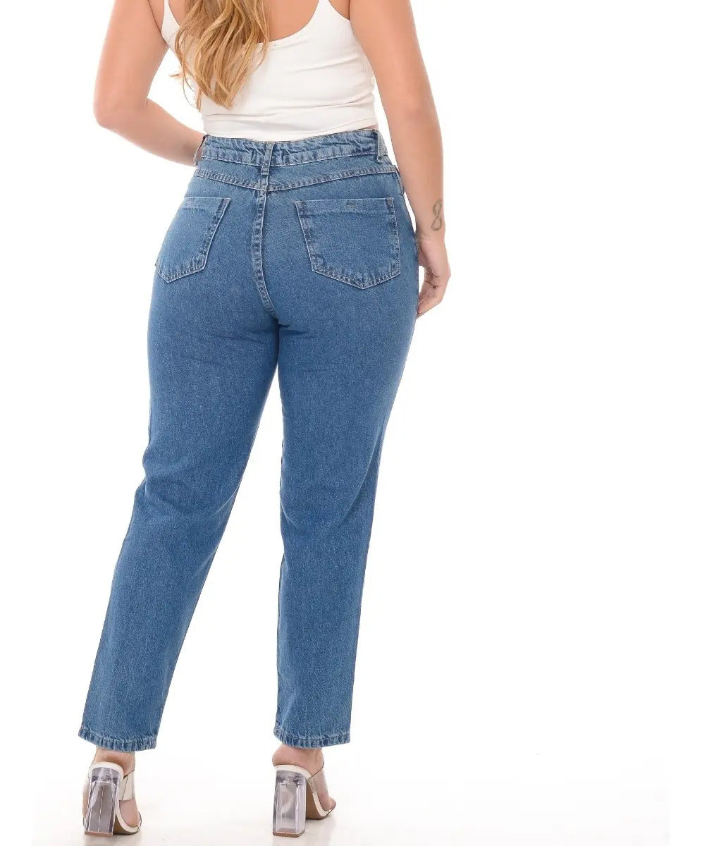 Calça Mom Jeans Feminina Cintura Alta Marmorizada