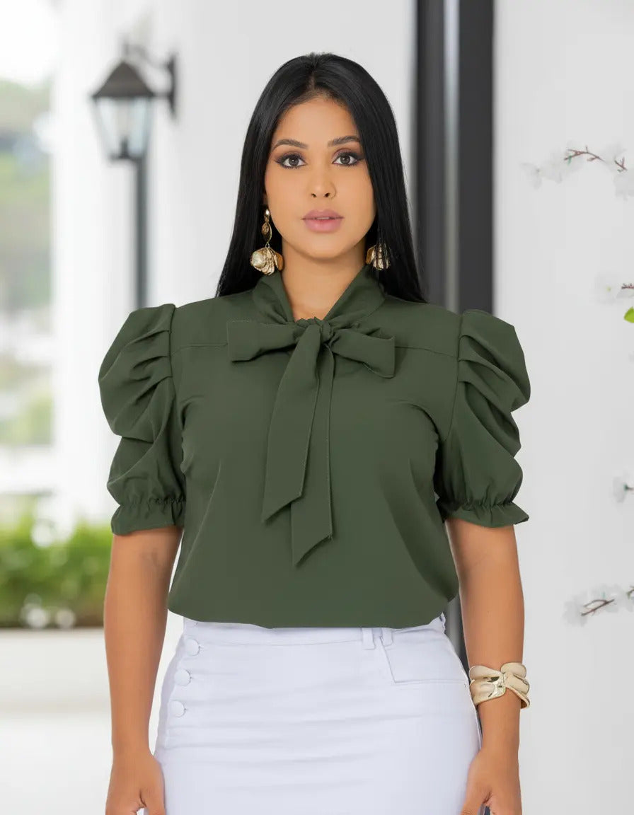 Blusa Emily Gola Laço Manga Curta Bufante