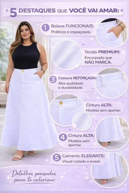 Saia Alfaiataria Plus Size Rodada Evasê Cós Alto Evangélica