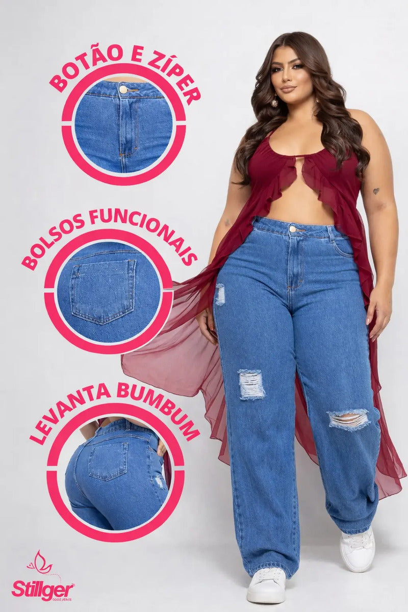 Calça Plus Size Jeans Feminina Wide Leg Levanta Bumbum