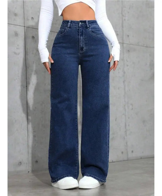 Calça Jeans Feminina Cintura Alta Lavada Reta Solta ,