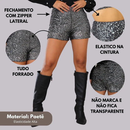Short Bermuda Feminino Cintura Alta Paetê Balada Moda Brilho