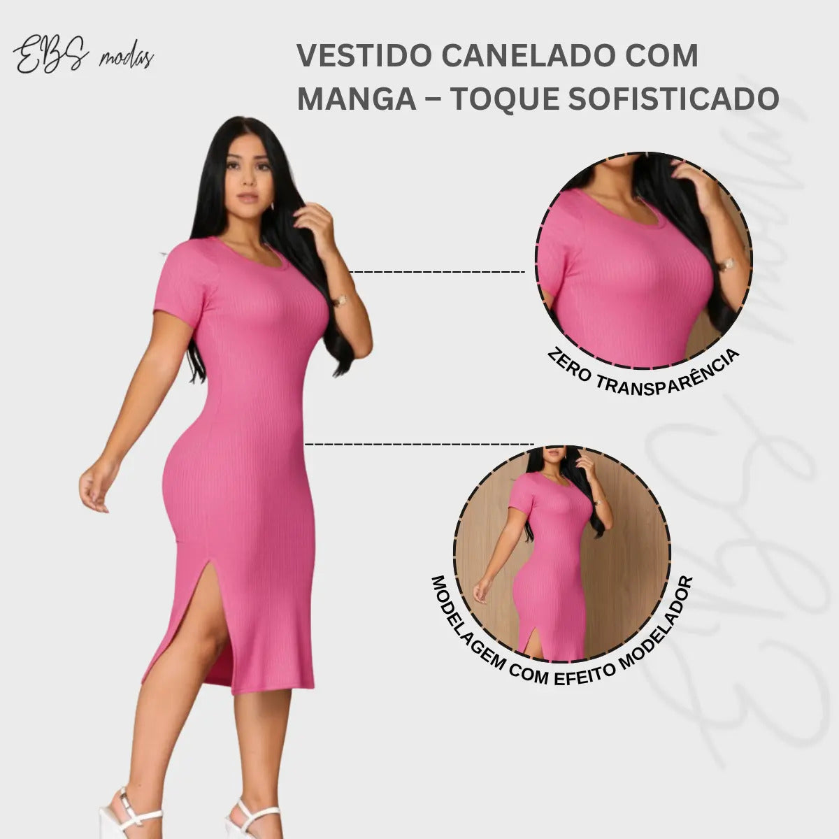 Vestido Canelado Midi Com Manga e Fenda Lateral Casual Básico
