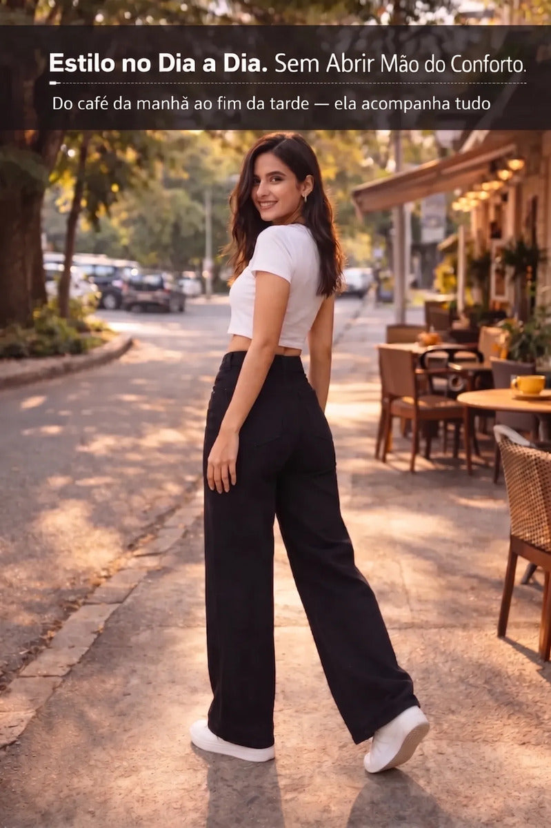 Calça Jeans Wide Leg Feminina Cintura Alta Sem Lycra Stillge