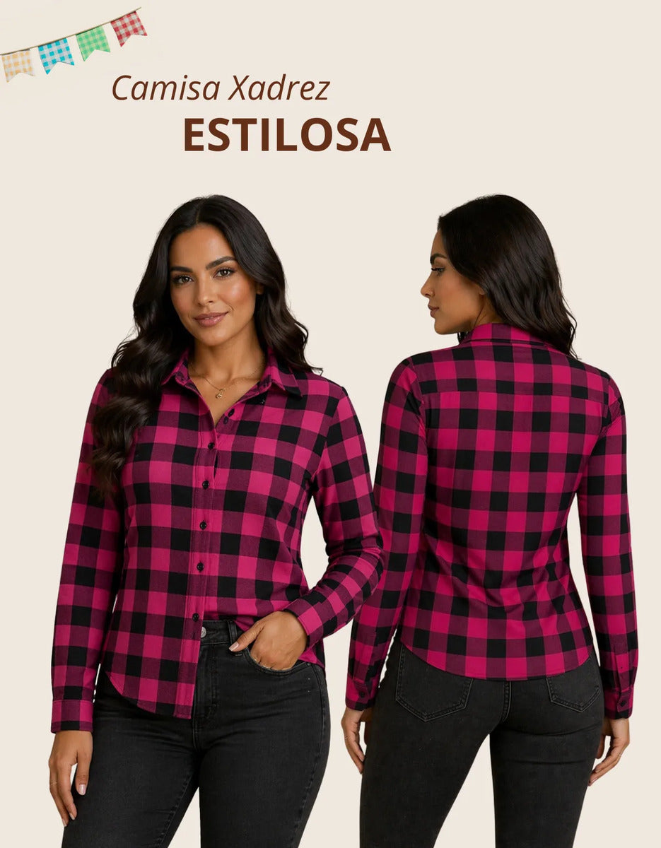 Camisa Xadrez Longa Blusa Manga Festa Junina Social De Botão