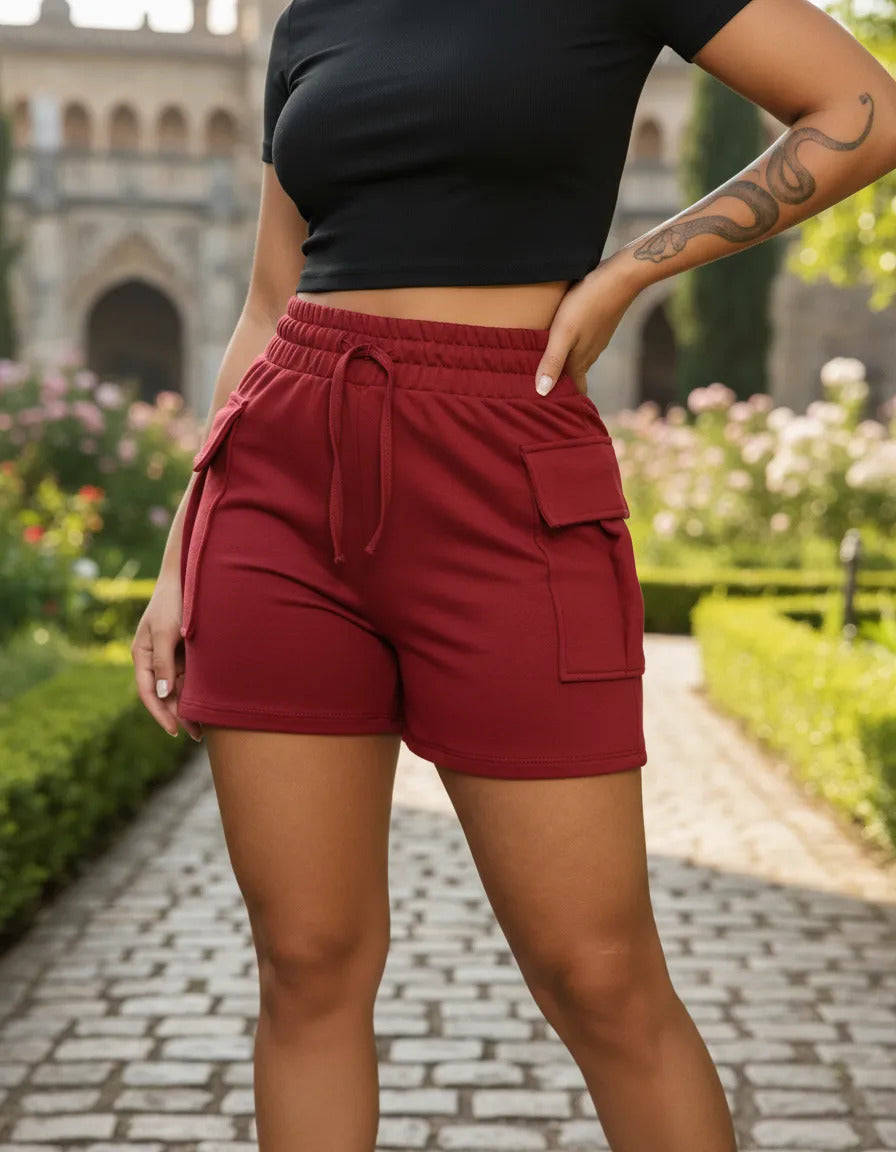 Shorts Cargo Moletom Feminino Com Bolso Lateral Moletinho