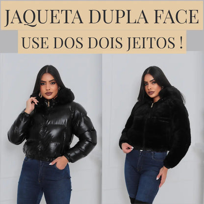 Jaqueta Feminina De Inverno Cropped Dupla Face Com Capuz