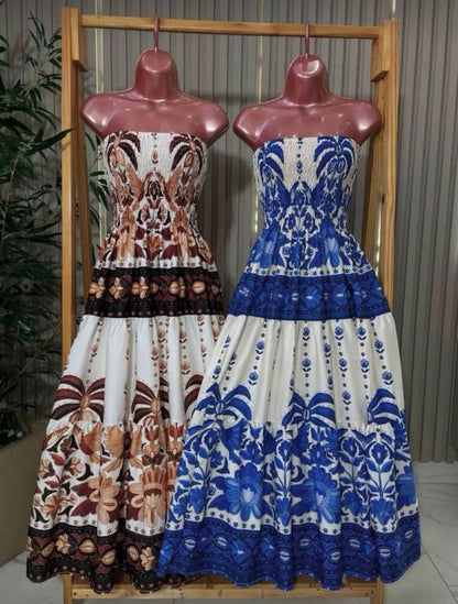 Lightweight Elastic Floral Strapless Long Dress Summer Fashion