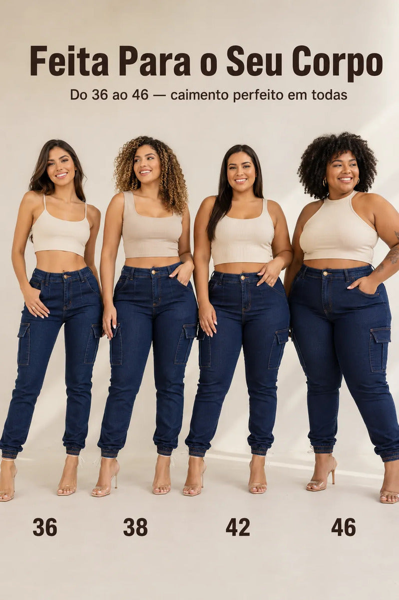 Calça Cargo Jogger Jeans Feminina Cintura Alta Com Lycra
