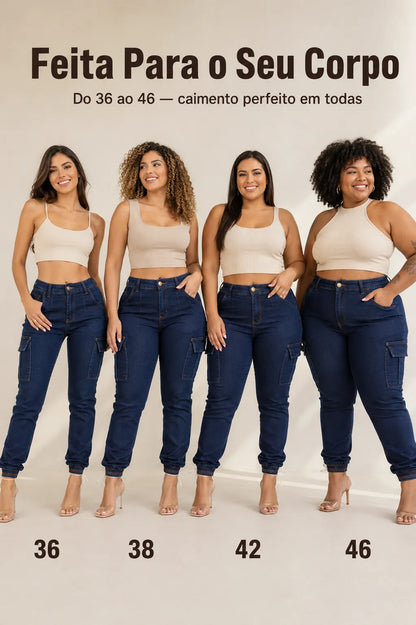 Calça Cargo Jogger Jeans Feminina Cintura Alta Com Lycra