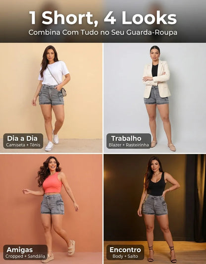 Short Jeans Feminino Shorts Cargo Com Lycra Cintura Alta