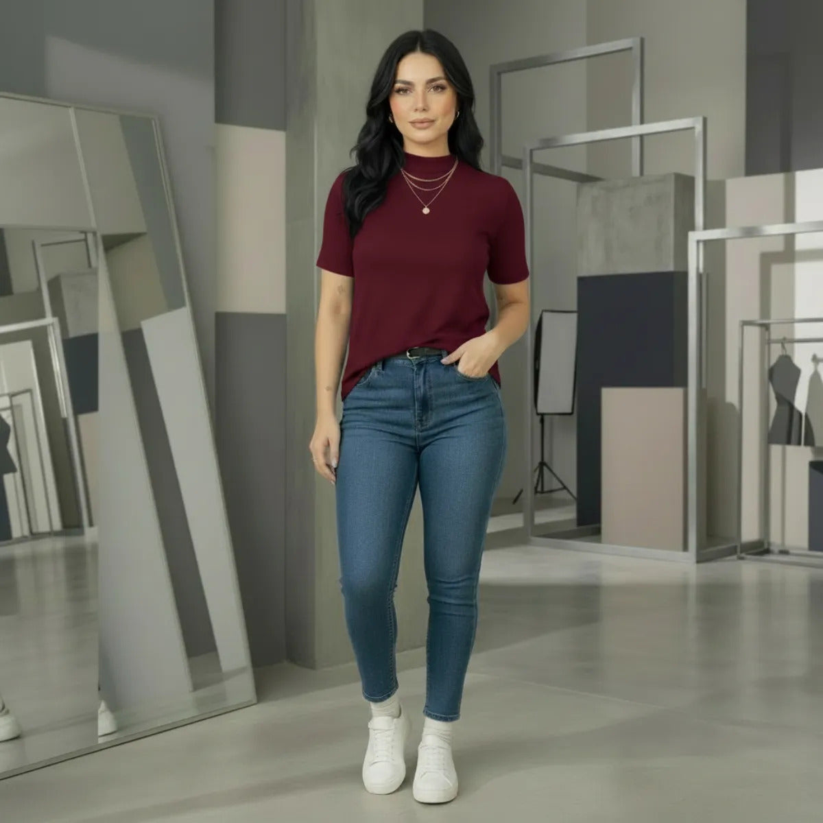 Kit 2 Blusas Camiseta Feminina T Shirt Gola Alta Inverno