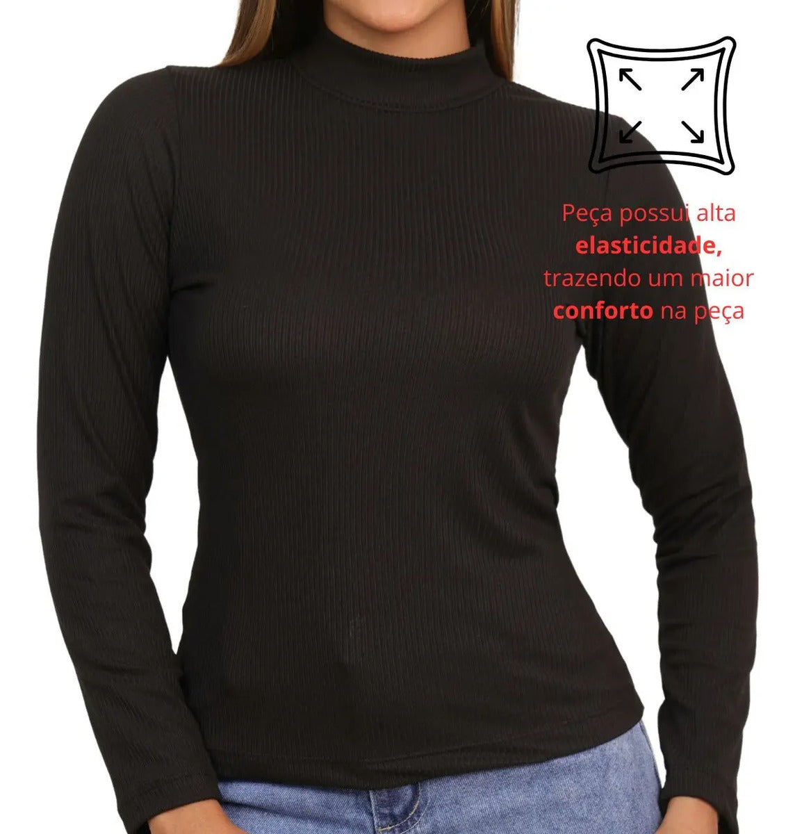 Blusa Feminina Canelada Gola Alta Manga Comprida Cacharrel