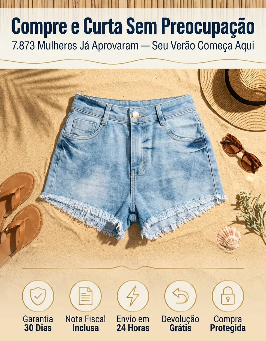 Short Jeans Feminino Cintura Alta Com Lycra Barra Desfiada