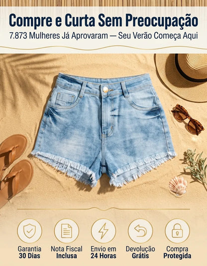 Short Jeans Feminino Cintura Alta Com Lycra Barra Desfiada