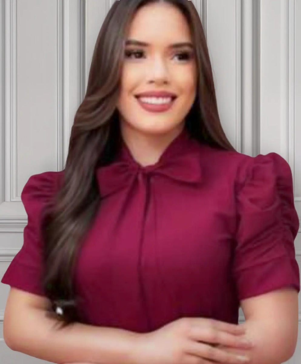 Blusa Camisa Social Romântica Laço E Botões De Pérola Manga