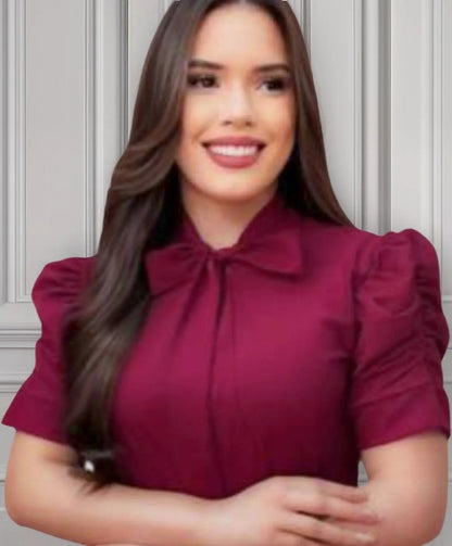 Blusa Camisa Social Romântica Laço E Botões De Pérola Manga