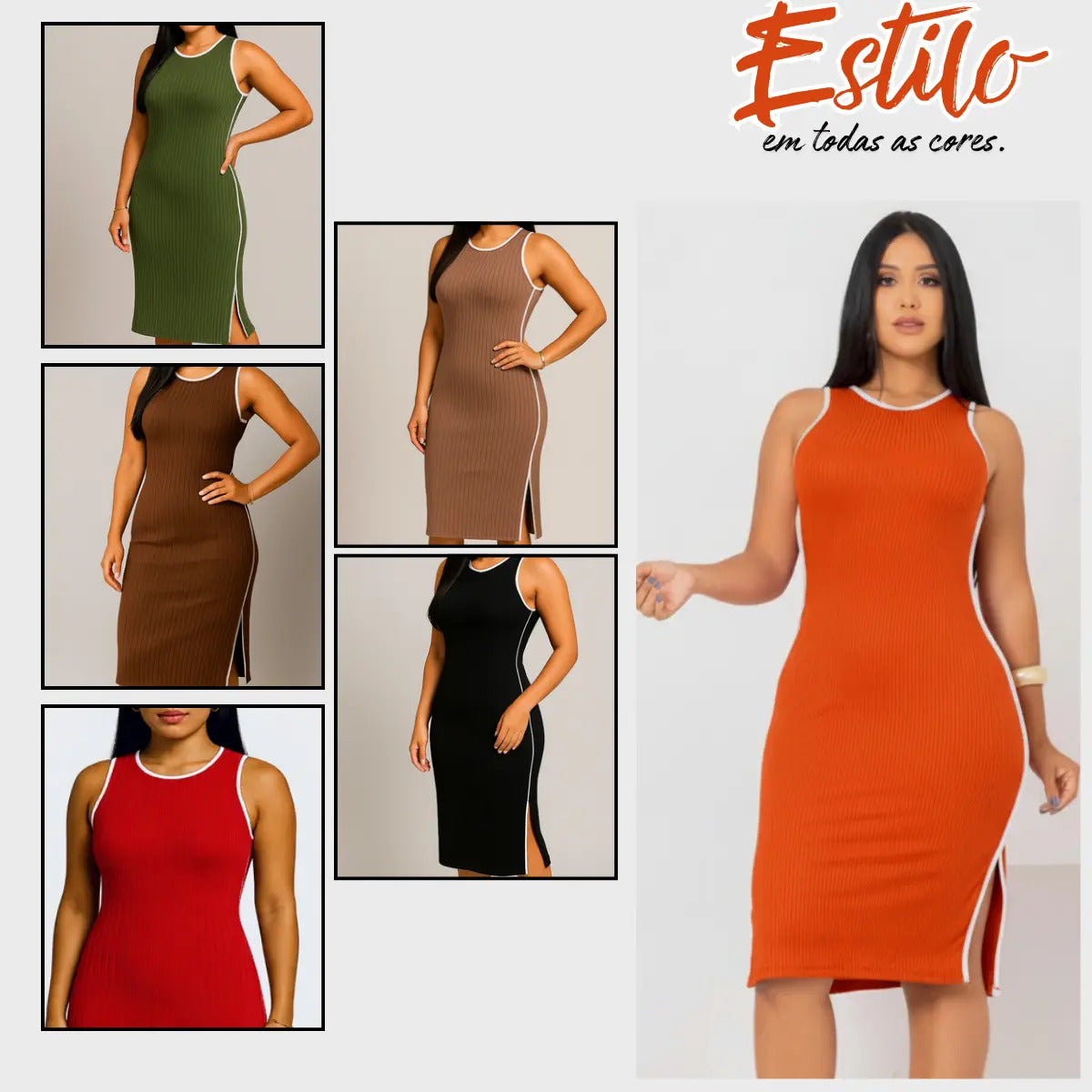 Vestido Midi Canelado Premium Regata Casual Básico Modelador