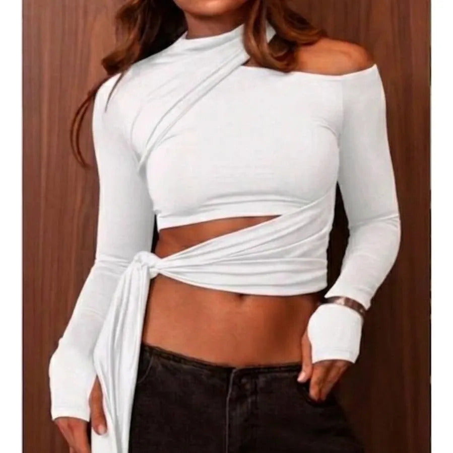 Blusa Cropped Feminina Manga Longa Ombrinho  Luvinha Amarrar