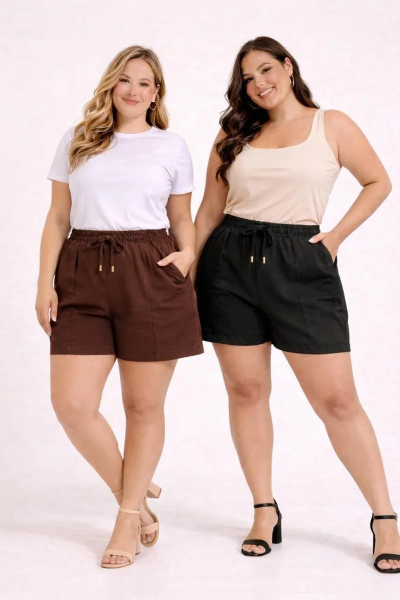 Kit 2 Shorts Feminino Alfaiataria Plus Size Elástico Linhão