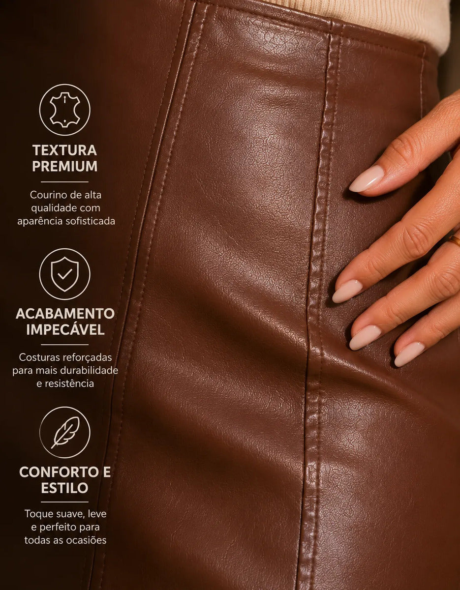 Saia Couro Fake Cintura Alta Com Zíper