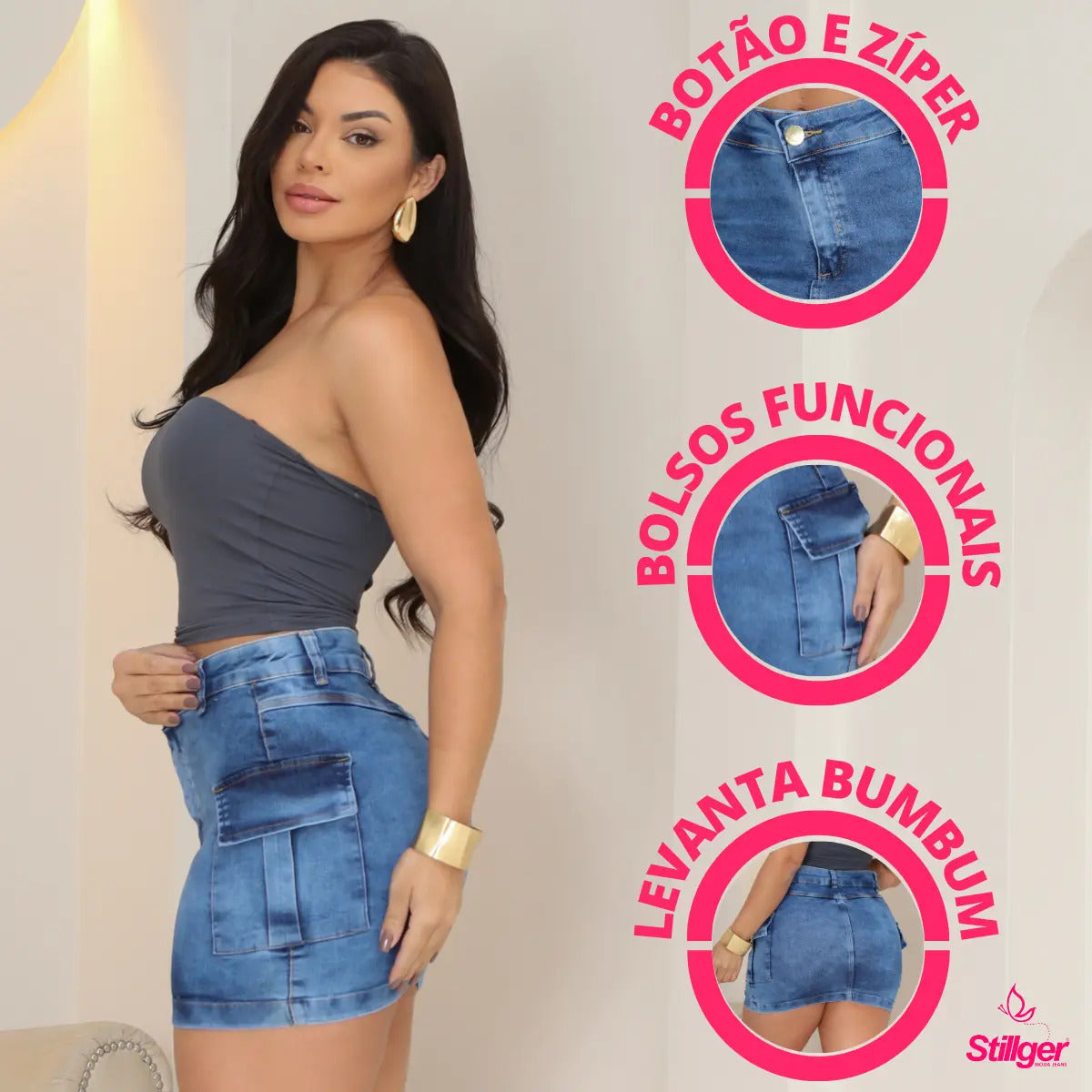 Saia Cargo Feminina Cintura Alta Com Lycra Levanta Bumbum