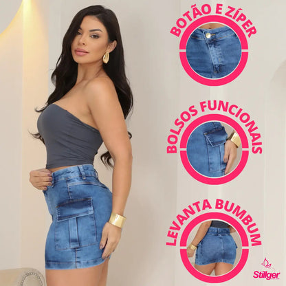 Saia Cargo Feminina Cintura Alta Com Lycra Levanta Bumbum