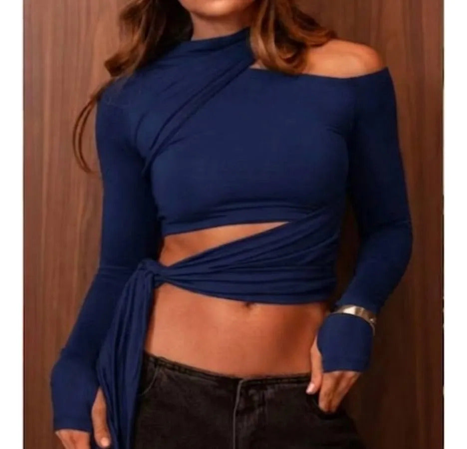 Blusa Cropped Feminina Manga Longa Ombrinho  Luvinha Amarrar