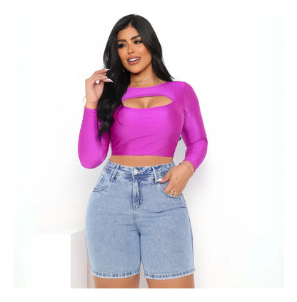 Bermuda Jeans Cintura Alta Feminina Com Estonado Na Lavagem