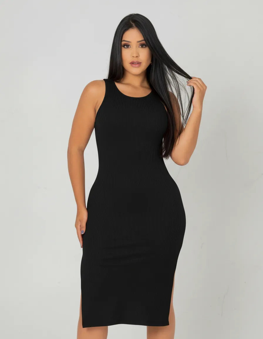 Vestido Canelado Midi Regata Com Fenda Zero Transparência