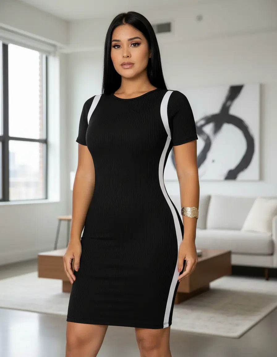 Vestido Canelado Curto Com Manga Casual Básico Modelador