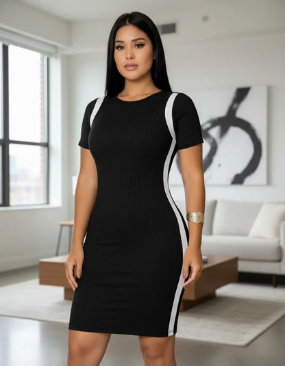 Vestido Canelado Curto Com Manga Casual Básico Modelador