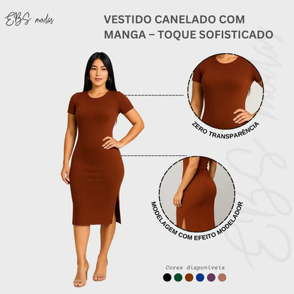Vestido Canelado Midi Com Manga e Fenda Lateral Casual Básico