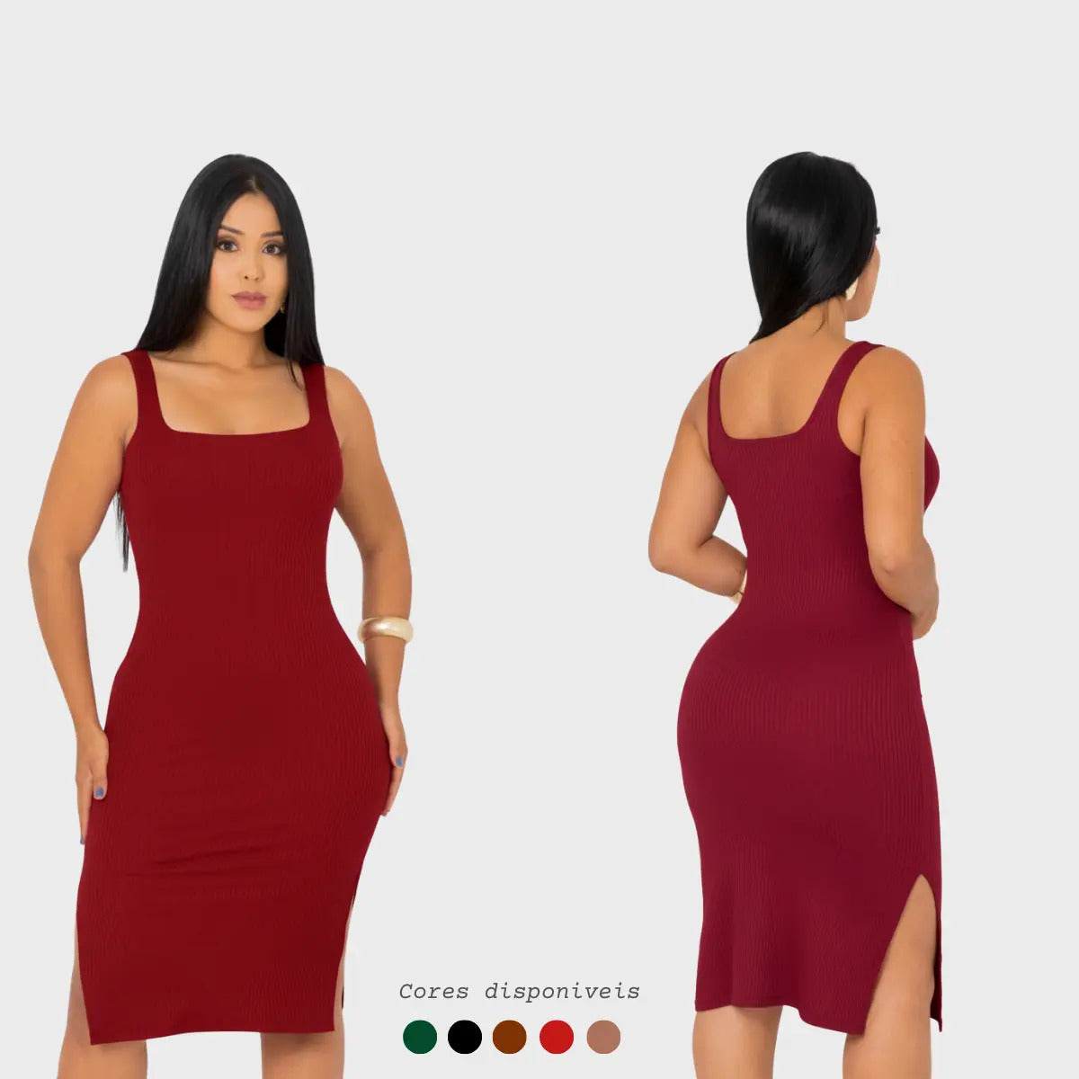 Vestido Midi Canelado Premium Com Alça E Fendas Casual Básico