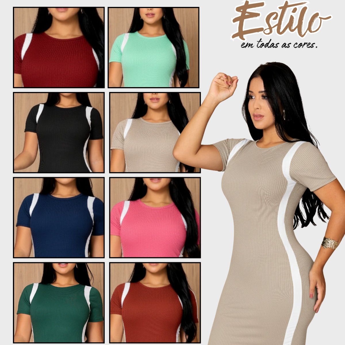 Vestido Canelado Curto Com Manga Casual Básico Modelador