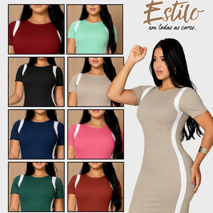 Vestido Canelado Curto Com Manga Casual Básico Modelador
