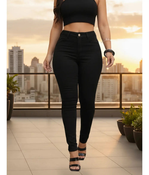 Calça Jeans Feminina Empina Bumbum Cintura Alta Lycra Preta