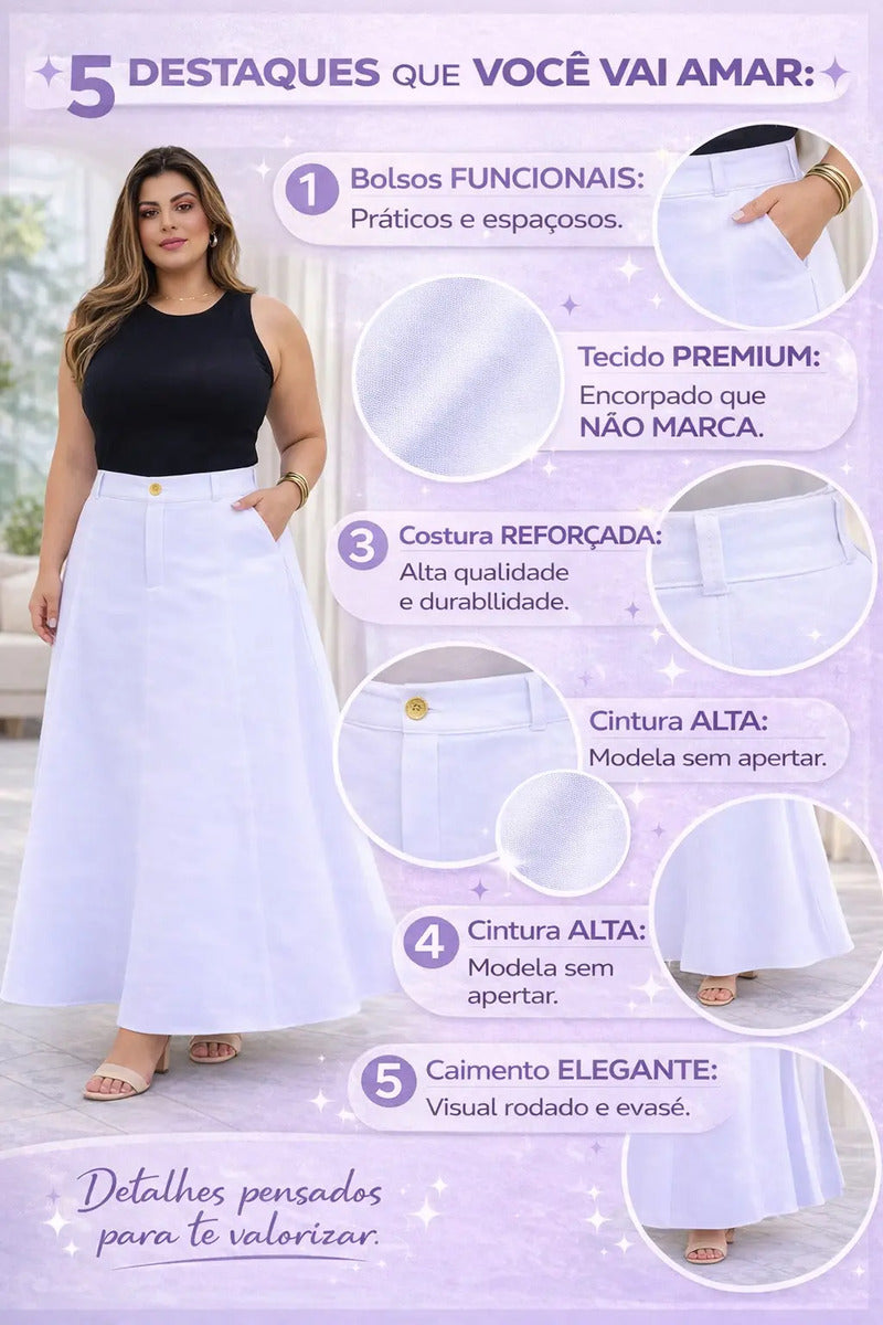 Saia Alfaiataria Plus Size Rodada Evasê Cós Alto Evangélica