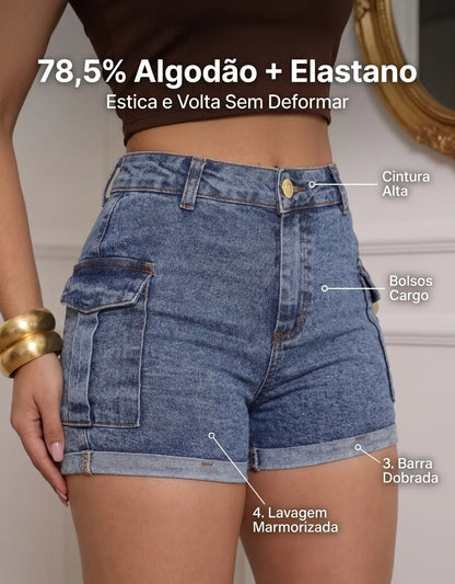 Short Jeans Feminino Shorts Cargo Com Lycra Cintura Alta