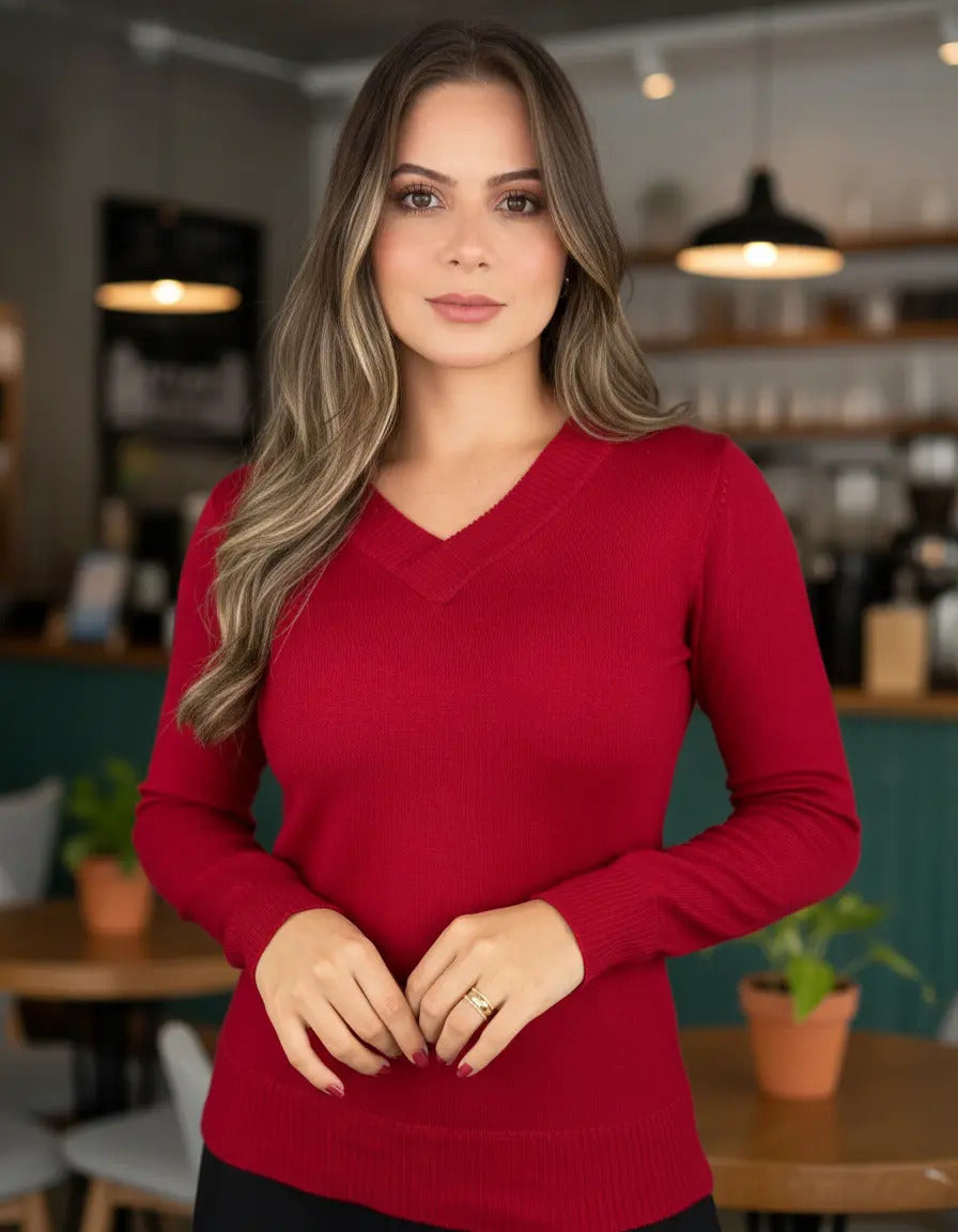 Blusa Trico Basica De Frio Feminina Decote V Manga Longa