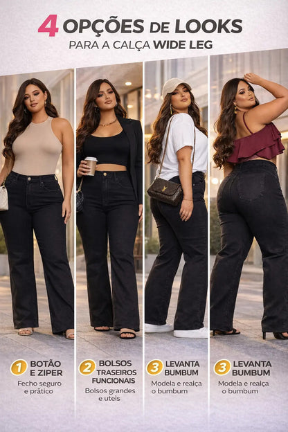 Calça Plus Size Jeans Feminina Wide Leg Levanta Bumbum